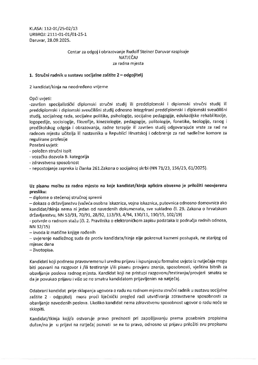 NATJEČAJ ODGOJITELJ 09.09.2025.